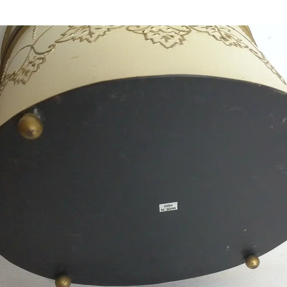 Vtg Ornate Embossed Metal Round Box Gold Cream Floral Footed Hollywood Regency